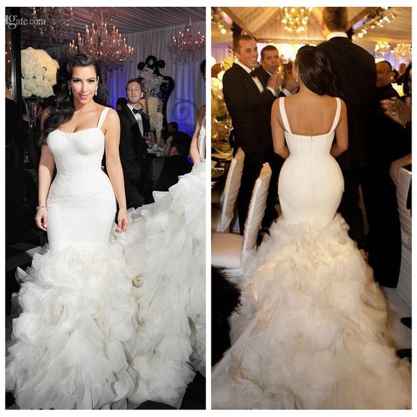 2018 spaghetti kim kardashian slim mermaid wedding dresses tiered skirt lace organza chapel train bridal gown custom, White
2018 spaghetti kim kardashian slim mermaid wedding dresses tiered skirt lace organza chapel train bridal gown custom, White
