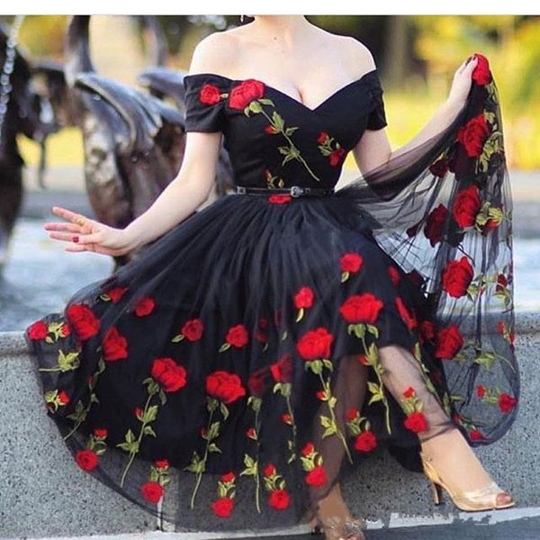 new off the shoulder black evening dresses elegant and romantic hand made red flowers prom party gowns, Black;red
new off the shoulder black evening dresses elegant and romantic hand made red flowers prom party gowns, Black;red