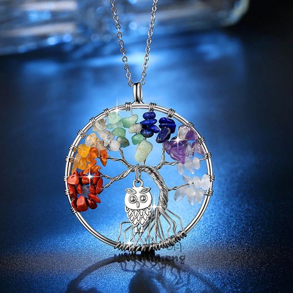 

silver color rock crystal gravel tree of life inlay owl wisdom pendant necklace fashion jewelry for women