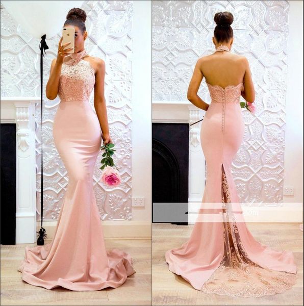 2018 elegant halter satin mermaid long bridesmaid dresses lace applique sweep train formal wedding guest maid of honor dresses, White;pink
2018 elegant halter satin mermaid long bridesmaid dresses lace applique sweep train formal wedding guest maid of honor dresses, White;pink