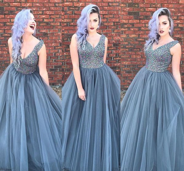 sparkly crystal tulle plus size prom dresses v neck sleeveless floor length dark gray formal evening dresses party dresses, Black
sparkly crystal tulle plus size prom dresses v neck sleeveless floor length dark gray formal evening dresses party dresses, Black