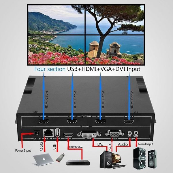 1 pcs/Lot, 4 Channel HDMI VGA DVI USB Video Processor 2x2 TV Projector Video Wall Controller, Free shipping
1 pcs/Lot, 4 Channel HDMI VGA DVI USB Video Processor 2x2 TV Projector Video Wall Controller, Free shipping