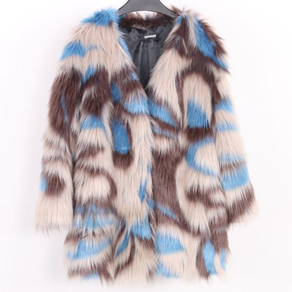 2018 new v-neck print faux fox fur coat n15, Black 
2018 new v-neck print faux fox fur coat n15, Black