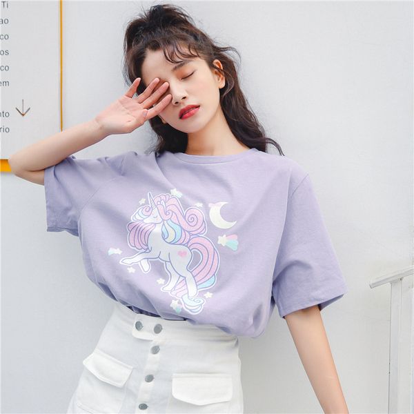 

harajuku kawaii clothes summer 2018 korean fashion spring t shirt sweet printed cartoon unicorn moon stars pink t-shirt women, White