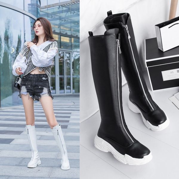 

pxelena punk gothic knee high boots women design front zipper flat platform knight riding long boots ladies shoes comfort 34-43, Black