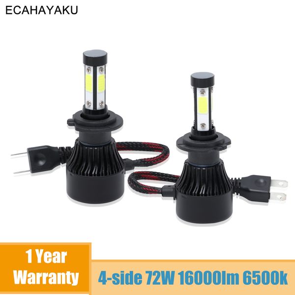 2 шт. 72 вт 16000lm 4 стороны светодиодные фары лампы автомобильные фары преобразования h4 h7 h11 9005 9006 белый 6500 к противотуманные фар
