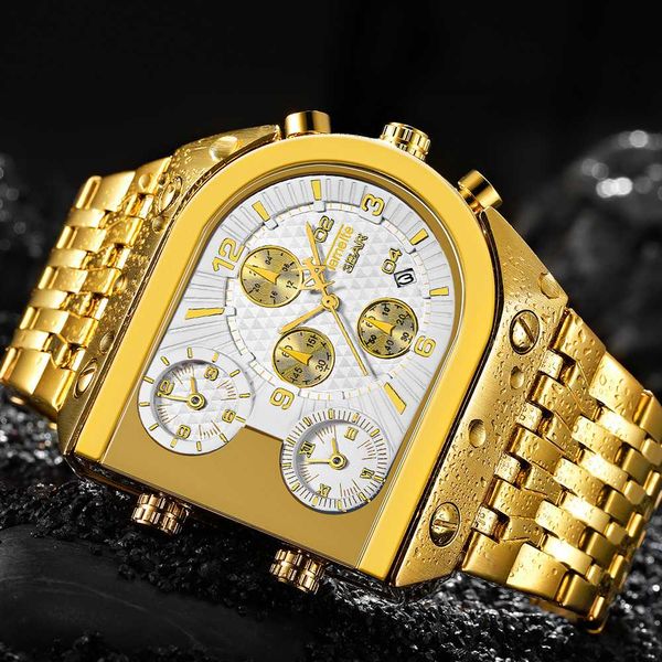 

male clock sport watch men quartz analog clock 3 time zone sub-dials design big case oversize fashion gold wrist watches relogio, Slivery;brown