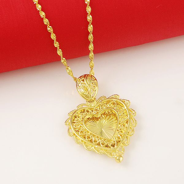 

new vintage exquisite heart pendant 24k pure gold color necklace water-wave chain for women ladies luxury gold plating jewelry, Silver