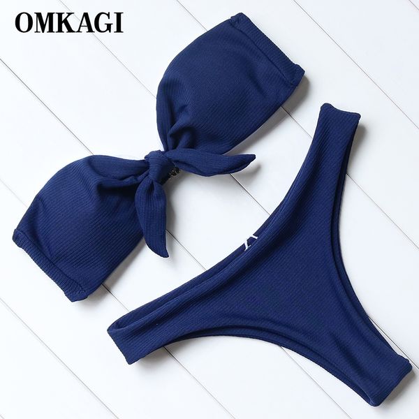 

omkagi strapless bikini push up swimsuits knot front biquini swimwear women solid bikini set beachwear off shoulder bathing suit, White;black