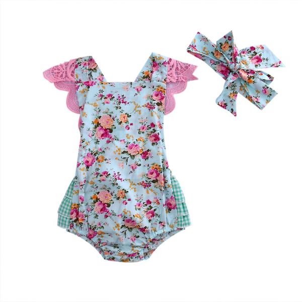 

2018 newborn infant kids baby girl floral clothes jumpsuit flying sleeves lace sunsuit plaid summer outfits set ss, Blue