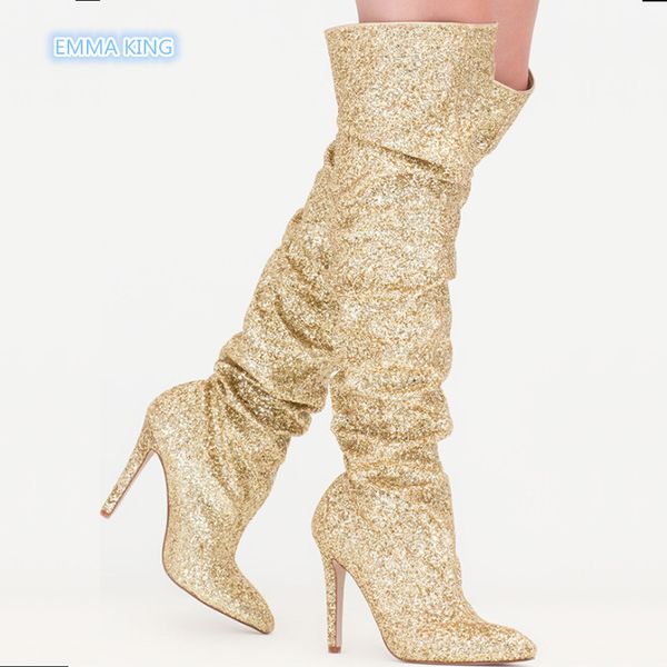 botas mujer 2018 bing bling knee-high women boots pointed toe thin heels pleated upper fashion bottines femme party shoes, Black
botas mujer 2018 bing bling knee-high women boots pointed toe thin heels pleated upper fashion bottines femme party shoes, Black