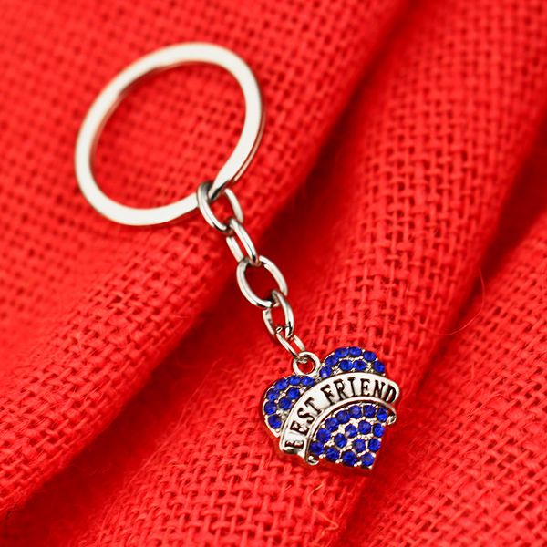 

12 pc/lot blue crystal rhinestone charm keychain key ring friend heart pendant keyring jewelry women men friendship gift, Silver