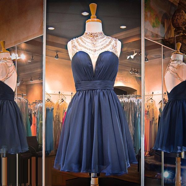 delicate navy blue prom dresses high neck sleeveless illusion chiffon short open back homecoming dresses with beaded neckline hy1634, Black
delicate navy blue prom dresses high neck sleeveless illusion chiffon short open back homecoming dresses with beaded neckline hy1634, Black