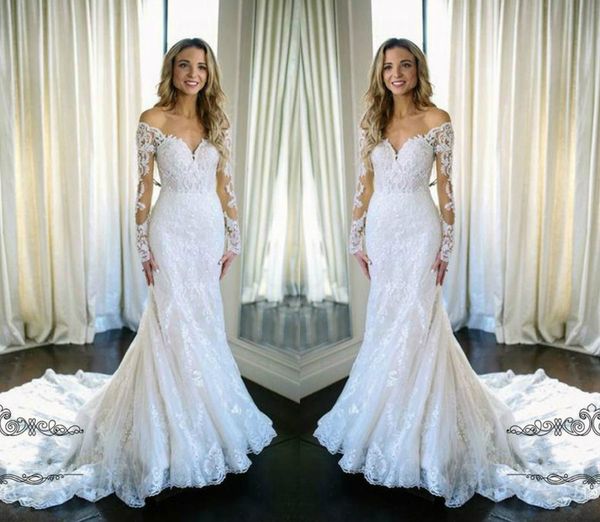 modest mermaid wedding dresses off the shoulder lace appliques sweep train long sleeve wedding dress vestido de novia country bridal gowns, White
modest mermaid wedding dresses off the shoulder lace appliques sweep train long sleeve wedding dress vestido de novia country bridal gowns, White