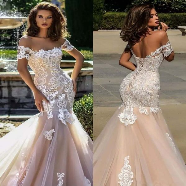 custom lace mermaid wedding dresses 2020 appliques off the shoulder scoop sheer neck short sleeves lace-up court train bridal gowns, White
custom lace mermaid wedding dresses 2020 appliques off the shoulder scoop sheer neck short sleeves lace-up court train bridal gowns, White