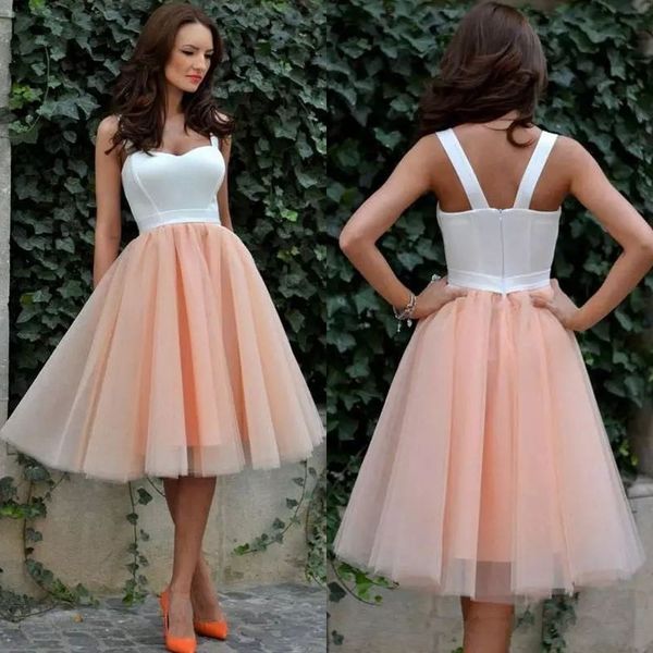 fall 2018 trendy two tone homecoming dresses short spaghetti straps white satin salmon tulle skirt knee length prom party dresses, Blue;pink