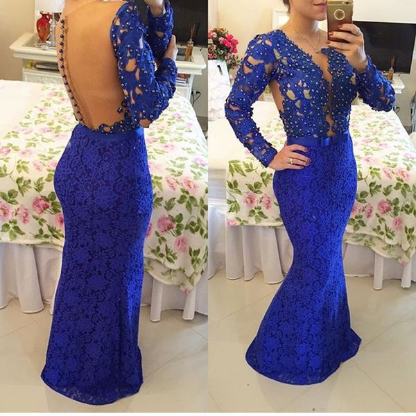 floor length lace appliqued pearls sheer back button details royal blue mermaid evening prom gown with long sleeves, Black;red
floor length lace appliqued pearls sheer back button details royal blue mermaid evening prom gown with long sleeves, Black;red
