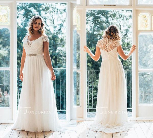 simple plus size wedding dresses v neck cap sleeve floor length lace country bridal dress a line belt chiffon wedding gowns, White
simple plus size wedding dresses v neck cap sleeve floor length lace country bridal dress a line belt chiffon wedding gowns, White