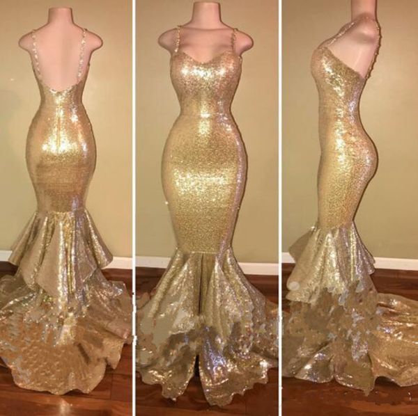 2019 new design sparkly gold sequins mermaid prom dresses spaghetti open back ruffles sweep train evening gowns pageant dress formal, Black
2019 new design sparkly gold sequins mermaid prom dresses spaghetti open back ruffles sweep train evening gowns pageant dress formal, Black