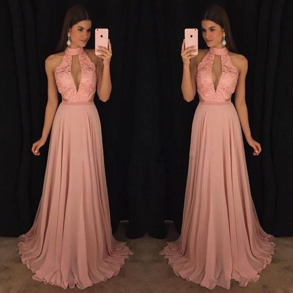 2019 pink deep v-neck high neck a-line chiffon lace beaded cutaway sides long blush bridesmaid prom dress, Black
2019 pink deep v-neck high neck a-line chiffon lace beaded cutaway sides long blush bridesmaid prom dress, Black