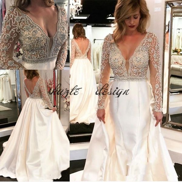 luxury crystal long sleeve wedding dresses with detachable train 2018 v-neck matte stain low back princess garden trumpet wedding gown, White
luxury crystal long sleeve wedding dresses with detachable train 2018 v-neck matte stain low back princess garden trumpet wedding gown, White