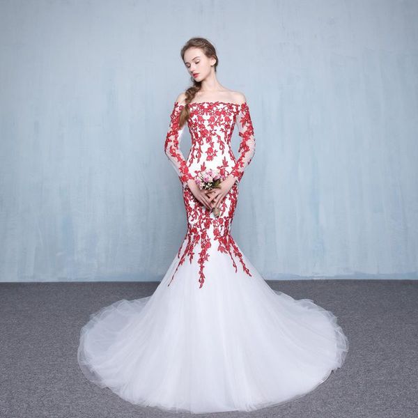 white and red mermaid wedding dresses 2019 court train off-the-shoulder applique tulle long sleeve bridal gowns vestido de novia w172
white and red mermaid wedding dresses 2019 court train off-the-shoulder applique tulle long sleeve bridal gowns vestido de novia w172