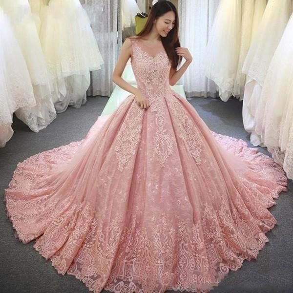 2018 Luxury Pink Quinceanera Dresses Ball Gown Sheer Neck Sweep Train Prom Dresses With Lace Applique Backless Sweet 16 Gowns
2018 Luxury Pink Quinceanera Dresses Ball Gown Sheer Neck Sweep Train Prom Dresses With Lace Applique Backless Sweet 16 Gowns
