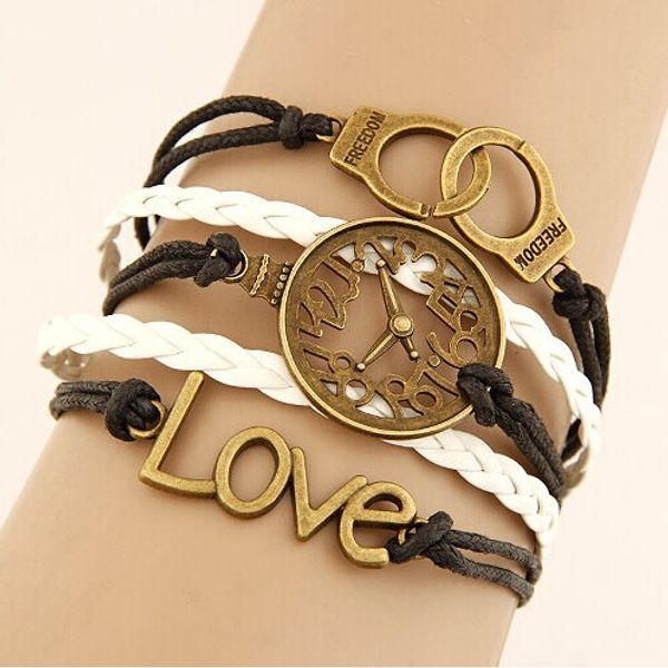 european and american retro creative love clock handcuffs combination alloy accessories manual multilayer woven bracelet, White 
european and american retro creative love clock handcuffs combination alloy accessories manual multilayer woven bracelet, White