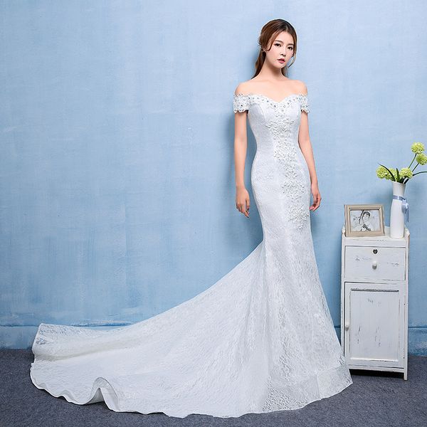 real p mermaid train wedding dress 2018 new style korean smiple lace crystal fishtail bride princess estidos de noiva, White
real p mermaid train wedding dress 2018 new style korean smiple lace crystal fishtail bride princess estidos de noiva, White