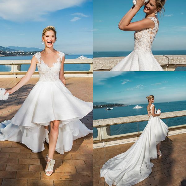 elegant v neck applique short wedding dresses lace high low court train beach bridal gowns sleeveless see through back formal party gown, White
elegant v neck applique short wedding dresses lace high low court train beach bridal gowns sleeveless see through back formal party gown, White