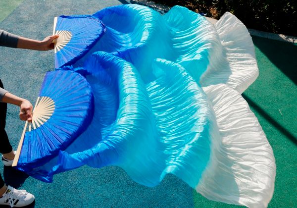 2017 female chinese silk veils dance fans pair of belly dancing fans blue + sky blue +white, Black;red
2017 female chinese silk veils dance fans pair of belly dancing fans blue + sky blue +white, Black;red
