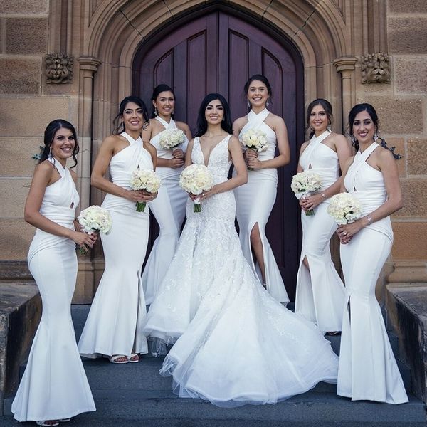 elegant long mermaid bridesmaid dresses custom made halter neck ruffles design side split maid of honor dress, White;pink
elegant long mermaid bridesmaid dresses custom made halter neck ruffles design side split maid of honor dress, White;pink