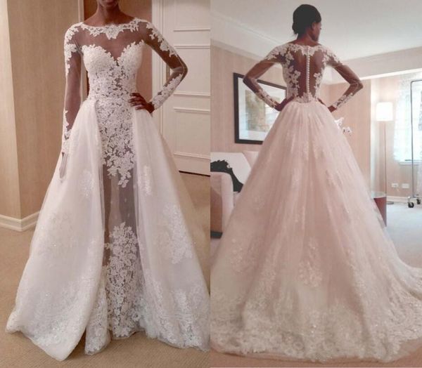 long sleeve mermaid wedding dresses with detachable train sequins jewel neck abiti da sposa illusion bodice lace bridal gowns, White
long sleeve mermaid wedding dresses with detachable train sequins jewel neck abiti da sposa illusion bodice lace bridal gowns, White