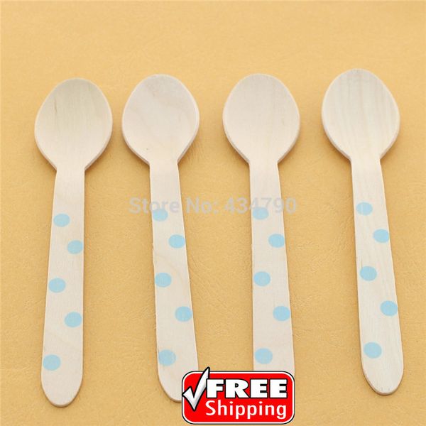 

100pcs polka dot wooden spoons light blue-disposable kitchen party wood cutlery,utensils,flatware,tableware-choose your colors