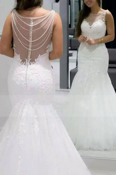 2020 scoop mermaid lace tulle wedding dresses with applique and beads bridal gowns sweep train plus size wedding party dresses, White
2020 scoop mermaid lace tulle wedding dresses with applique and beads bridal gowns sweep train plus size wedding party dresses, White