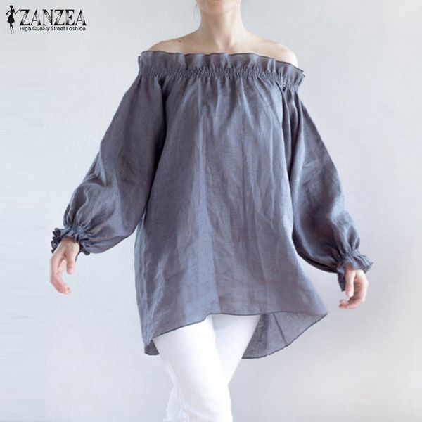 

off shoulder cotton blouse 2017 autumn zanzea women slash neck puff sleeve casual loose ruffles shirts plus size s-5xl, White