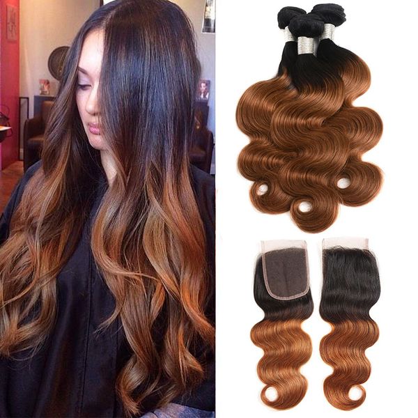 

brazilian virgin hair extensions 3 bundles with 4x4 lace closure body wave 1b/30 ombre color two tone straight human hair wefts with closure, Black;brown