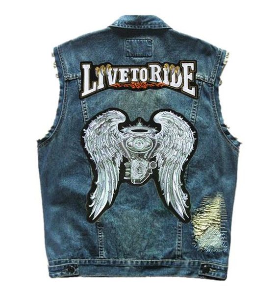 

engine wings embroidered patches motorcycle denim vest men's distressed ripped rivet sleeveless jacket moto biker vests 5xl, Black;white