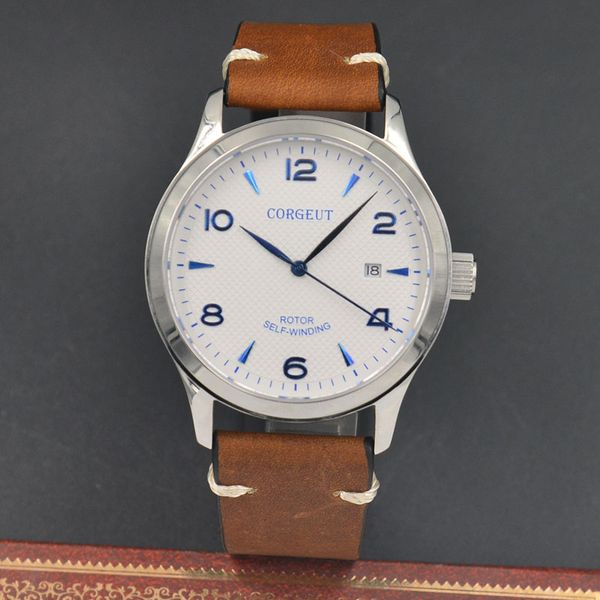 42mm corgeut/sterile dial/ white dial sapphire glass automatic mechanical men's watch, Slivery;brown
42mm corgeut/sterile dial/ white dial sapphire glass automatic mechanical men's watch, Slivery;brown