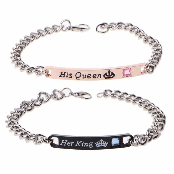 2pcs jewely gift for lovers his queen her king stainless steel couple bracelets, Black