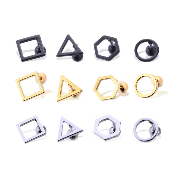 

cool hexagon square triangle round earring stud fashion geometric ear stud for men ear piercing jewelry 1 pair, Golden;silver