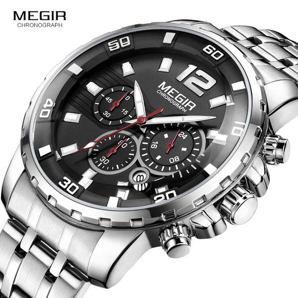 

megir men's chronograph quartz watches stainless steel analogue wristwatch for man 24-hour display waterproof luminous 2068g-1, Slivery;brown