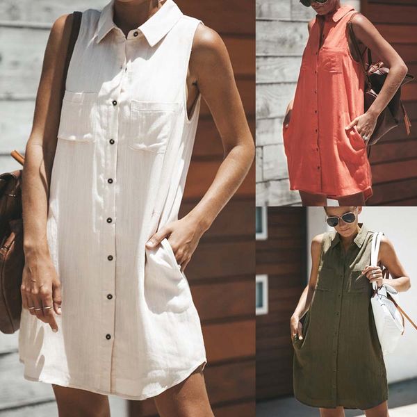 Women Sleeveless Casual Loose Pocket Summer Mini Shirt Dress Ladies Button Holiday Sun Dresses
Women Sleeveless Casual Loose Pocket Summer Mini Shirt Dress Ladies Button Holiday Sun Dresses