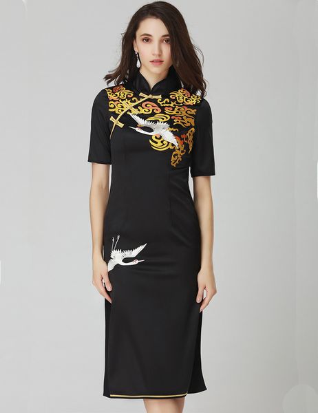 vintage embroidery women sheath dress short sleeve stand collar split party dresses 12k585, White;black
vintage embroidery women sheath dress short sleeve stand collar split party dresses 12k585, White;black