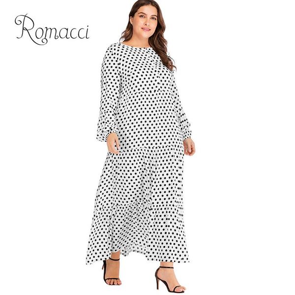 

romacci women 5xl plus size dress polka dot print buttons ruffle long sleeve dress loose maxi gown beach vintage boho one-piece, White;black