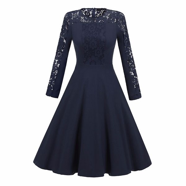 women dress lace stitching round neck long-sleeved slim long dress, Black;gray
women dress lace stitching round neck long-sleeved slim long dress, Black;gray