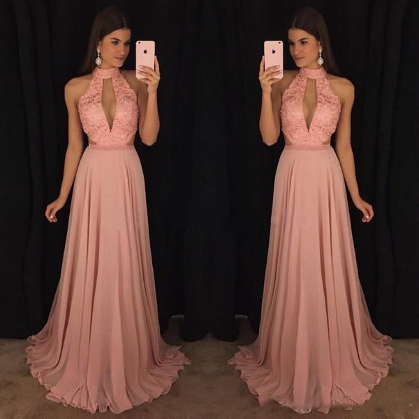 2018 blush pink prom dresses deep v-neck high neck a-line chiffon lace beaded cutaway sides long bridesmaid evening party formal gowns, Black;red
2018 blush pink prom dresses deep v-neck high neck a-line chiffon lace beaded cutaway sides long bridesmaid evening party formal gowns, Black;red