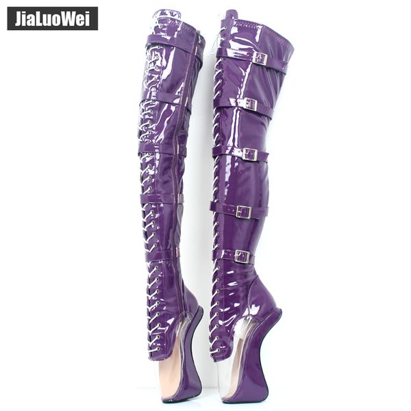 

jialuowei " super high heel hoof heelless ballet boots transparent toe lace-up zip buckle straps fetish over-knee boots, Black