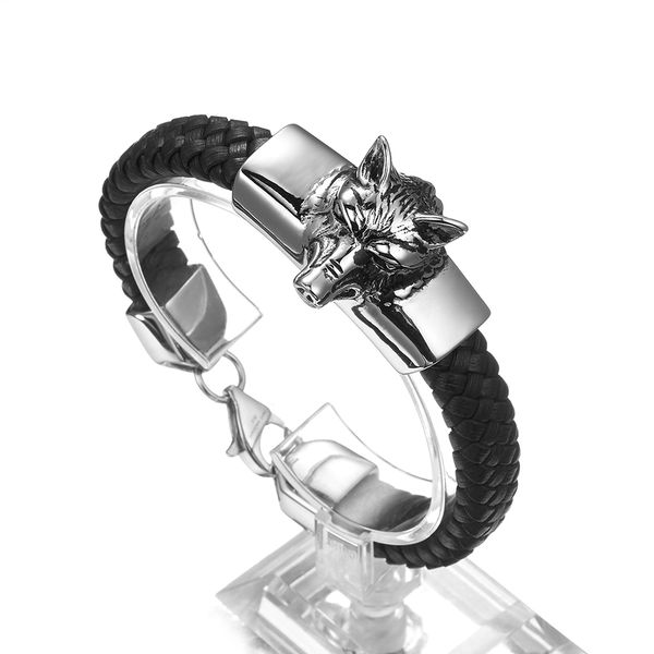 new design wolf head animal silver color bracelet black leather stainless steel men jewelry party gift
new design wolf head animal silver color bracelet black leather stainless steel men jewelry party gift