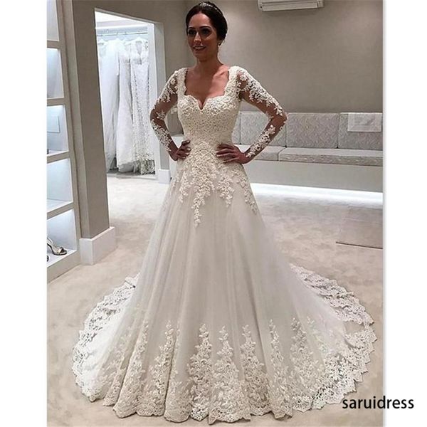 sweetheart appliques lace a-line tulle chapel train bridal dresses formal elegant style long sleeved wedding gowns custom made, White 
sweetheart appliques lace a-line tulle chapel train bridal dresses formal elegant style long sleeved wedding gowns custom made, White